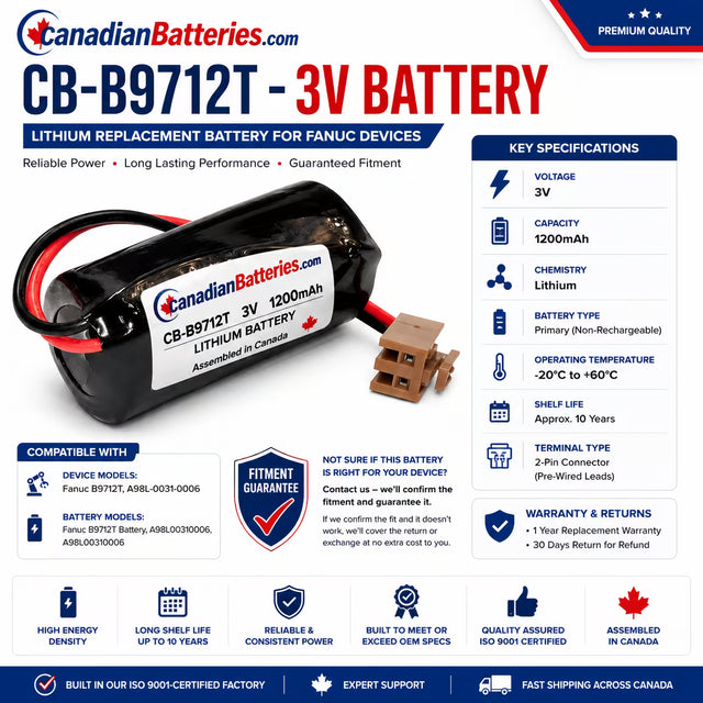 Battery For Fanuc B9712t , A98l-0031-0006 - Brown Connector 3v, 1200 Mah - 4.5wh Robotics Battery BB Generic