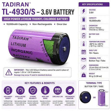 Tadiran Tl-4930/s Xol Series 3.6v D Size 19ah Lithium Battery Replaces Lsh20 & Ls33600 3.6v - Non Rechargeable Tadiran Batteries Tadiran Batteries Bare Cell