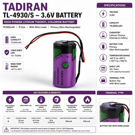 Tadiran Tl-4930/s Xol Series 3.6v D Size 19ah Lithium Battery Replaces Lsh20 & Ls33600 3.6v - Non Rechargeable Tadiran Batteries Tadiran Batteries With 3 Inch Flyleads