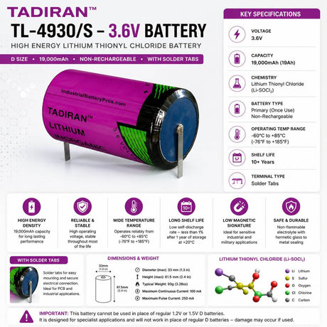 Tadiran Tl-4930/s Xol Series 3.6v D Size 19ah Lithium Battery Replaces Lsh20 & Ls33600 3.6v - Non Rechargeable Tadiran Batteries Tadiran Batteries With Tabs