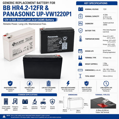 12V 4.5Ah AGM Battery Replacement for BB HR4.2-12FR & Now discontinued Panasonic Models Sealed Lead Acid (Special) CB Generic