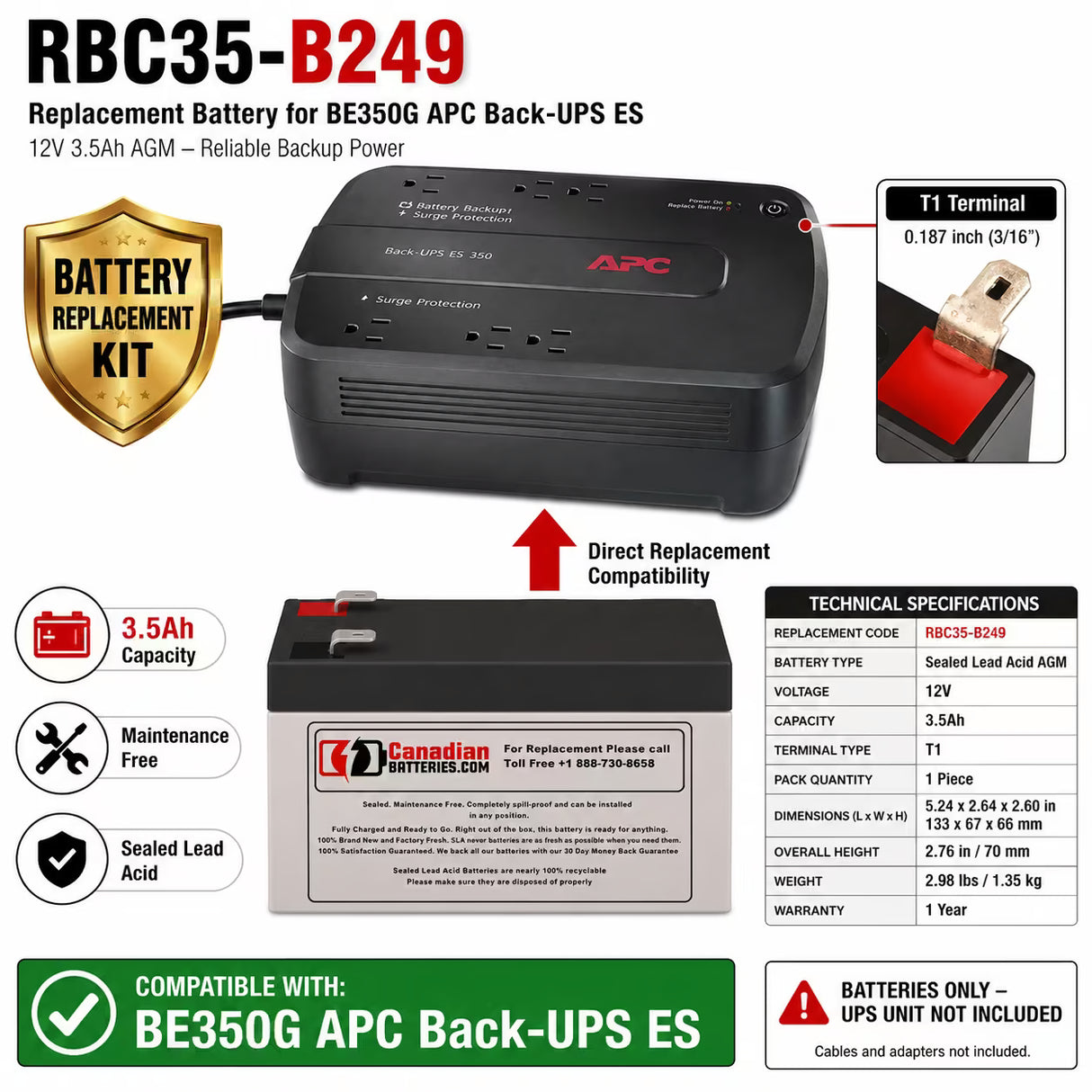 Be350g, Be350g-cn Apc Back UPS Es Battery 12v 3.5Ah F1 Terminals