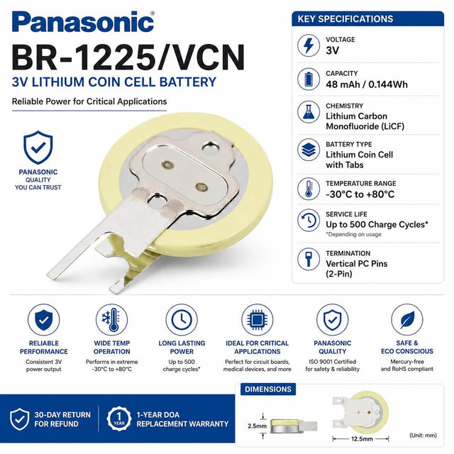 Panasonic BR-1225/VCN Battery | 3V Lithium Coin Cell with Vertical PC Pins Coin Cell Batteries Panasonic