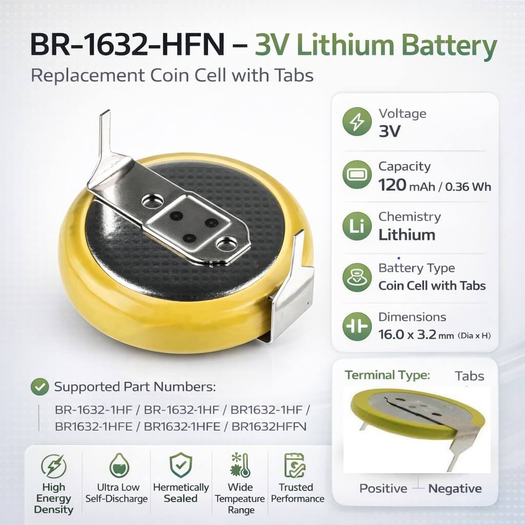 Button Battery - Br-1632-1hf, Br-1632/1hf, Br1632-1hf 3v, 120 Mah - 0.36wh Coin Cell Batteries Panasonic