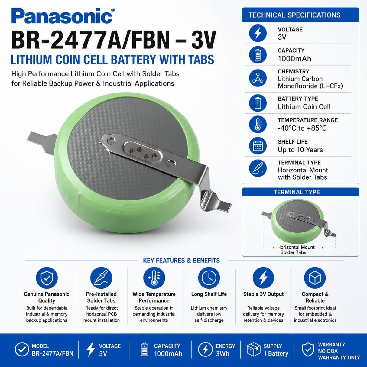 Panasonic BR-2477A/FBN 3V Lithium Coin Cell Battery with Tabs 1000mAh Coin Cell Batteries Panasonic