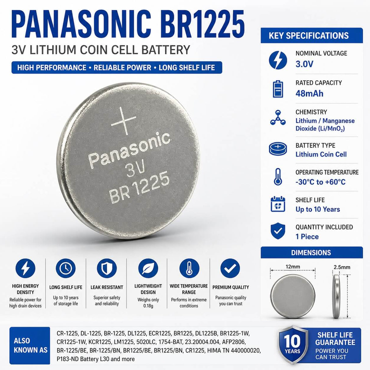 Br1225 3.0 Volt Lithium Battery Replacement Coin Cell Batteries Panasonic