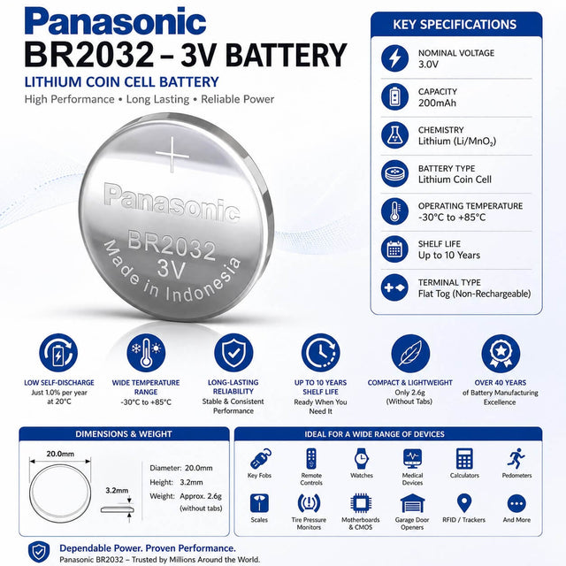 Panasonic Br2032, Br-2032 3 Volt 200mah Lithium Battery Coin Cell Batteries Panasonic