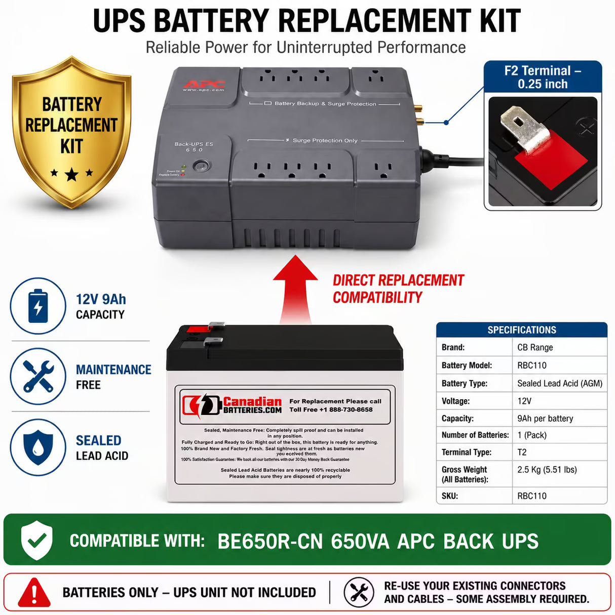 APC BE650R-CN UPS Battery Replacement 12V 9Ah AGM 1 Pack UPS Batteries CB Range