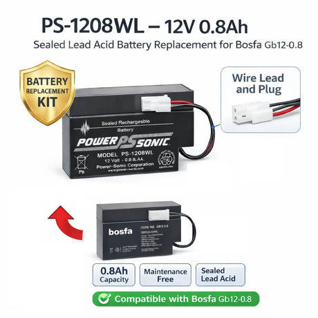 12V, 0.8Ah, replacement battery for Bosfa Gb12-0.8 with WL - Wire Lead terminals Sealed Lead Acid (Special) CB Generic