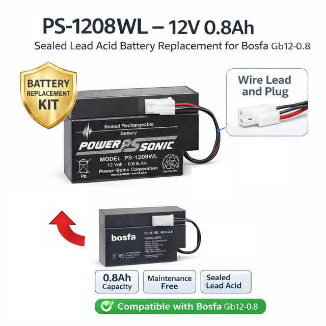 12V, 0.8Ah, replacement battery for Bosfa Gb12-0.8 with WL - Wire Lead terminals Sealed Lead Acid (Special) CB Generic