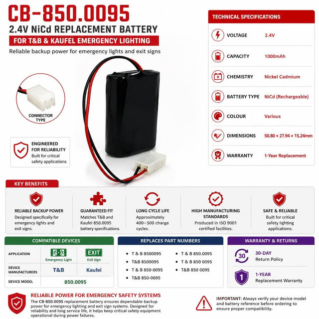 Emergency Light Battery For 850.0095 2.4 V, 1000 Mah Exit Sign Other Batteries BB Generic