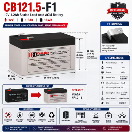 12V, 1.2Ah, replacement battery for Yuasa Np1.2-12 with F1 terminals Sealed Lead Acid CB Generic