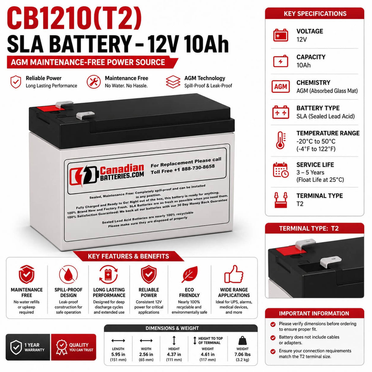 CB1210(T2) SLA Battery – 12V 10Ah AGM Maintenance-Free Power Source Sealed Lead Acid CB Generic