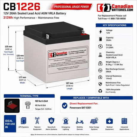 CB1226-NB 12V 26Ah AGM Sealed Lead Acid Battery NB Terminal Sealed Lead Acid CB Generic