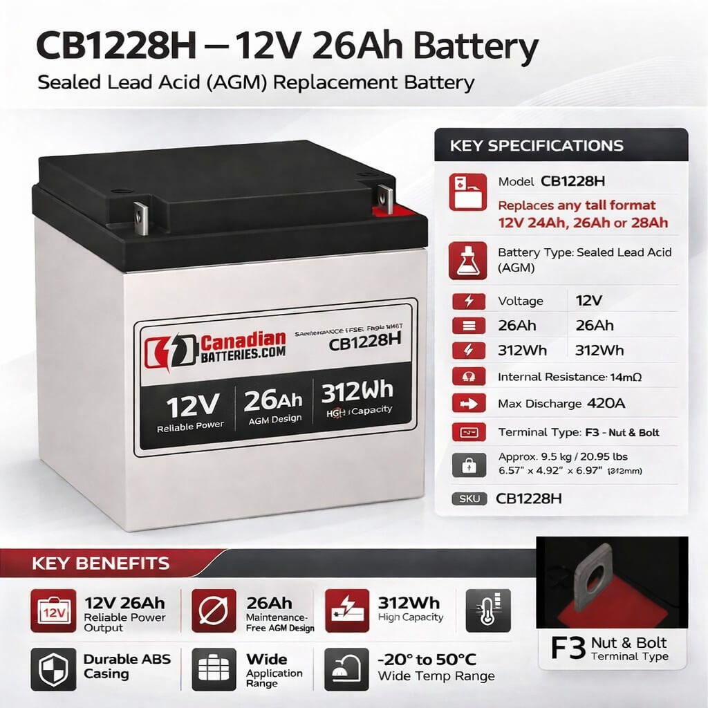12V, 26Ah, replacement battery for Duracell Durhr12-100c/fr-a with F3 - Nut & Bolt terminals Sealed Lead Acid CB Generic