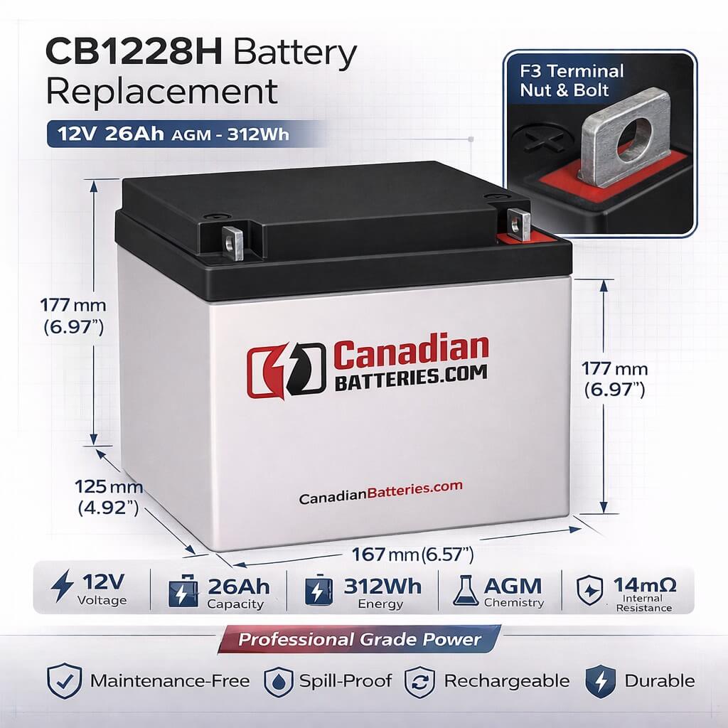 12V, 26Ah, replacement battery for Mk Es26-12fr Hr with F3 - Nut & Bolt terminals Sealed Lead Acid CB Generic