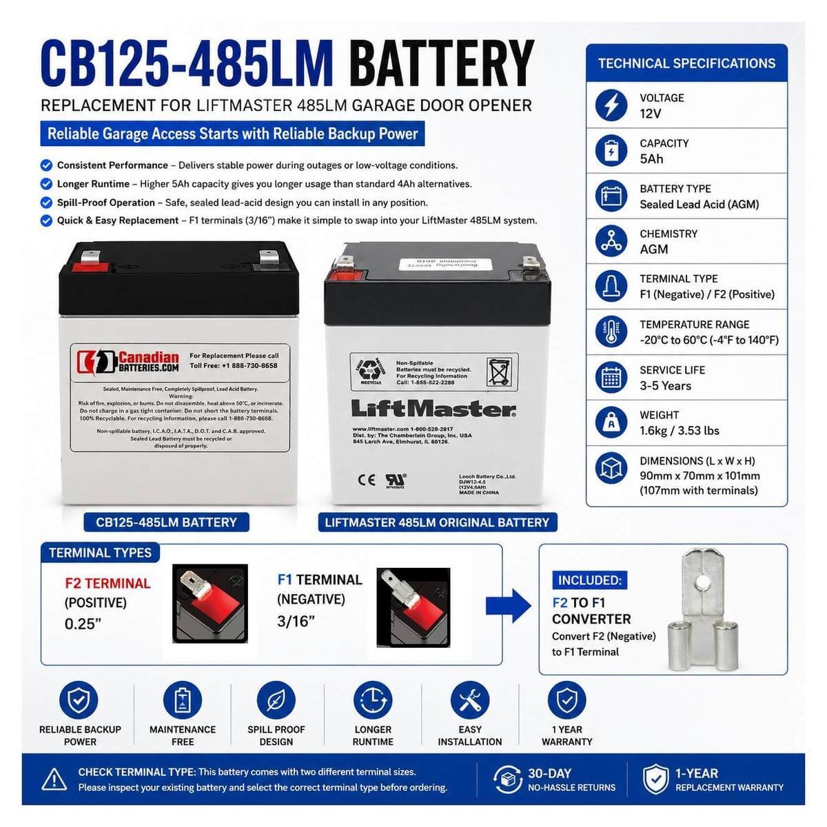 485lm Liftmaster 485LM garage door opener battery, 12V 5Ah ...