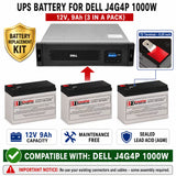 Dell J4G4P 1000W UPS Replacement Battery Kit 12V 9Ah 3 Pack UPS Batteries CB Range