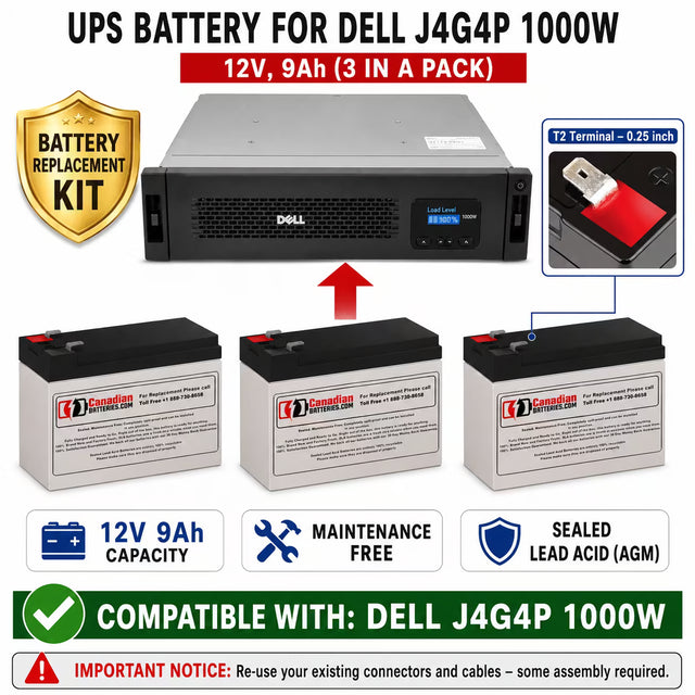 Dell J4G4P 1000W UPS Replacement Battery Kit 12V 9Ah 3 Pack UPS Batteries CB Range