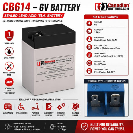 6 Volt 13 Amp Hour Sealed Lead Acid Battery Sealed Lead Acid (Special) Powersonic