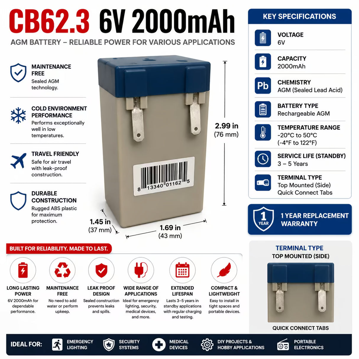 6 Volt 2.0 Amp Hour Sealed Lead Acid Battery Sealed Lead Acid (Special) BB Generic