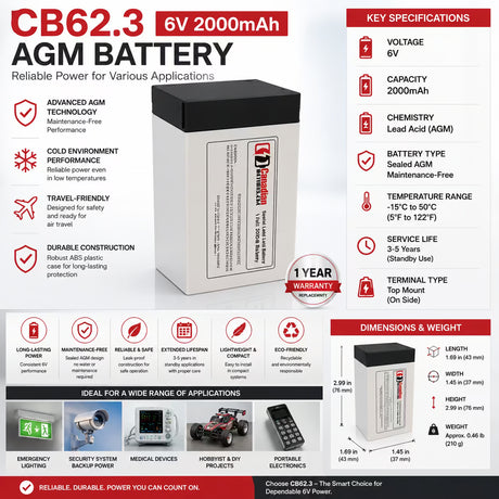 6 Volt 2.0 Amp Hour Sealed Lead Acid Battery Sealed Lead Acid (Special) BB Generic