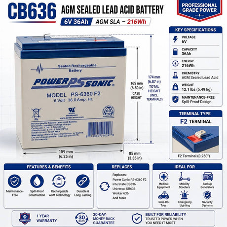 6 Volt 36 Amp Hour Sealed Lead Acid Battery Sealed Lead Acid (Special) Powersonic