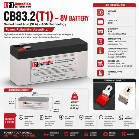 CB83.2(T1) 8V 3.2Ah AGM Sealed Lead Acid Replacement Battery Sealed Lead Acid (Special) CB Generic