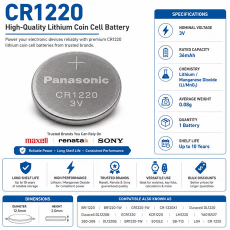 CR1220 3V Lithium Coin Cell Battery Replacement | 36mAh Coin Cell Batteries Panasonic