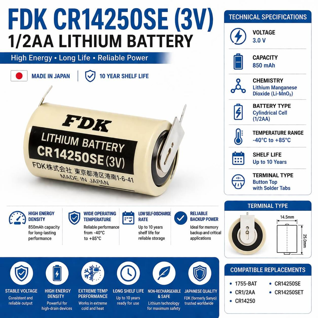 Battery Model Sanyo / Fdk Cr14250se, 1755-bat, Cr1/2aa, Cr14250, Cr14250set 3v, 850 Mah - 2.55wh Other Sanyo / FDK