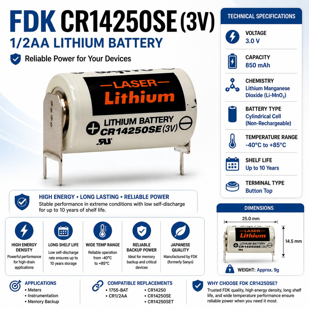 Battery Model Sanyo / Fdk Cr14250se, 1755-bat, Cr1/2aa, Cr14250, Cr14250set 3v, 850 Mah - 2.55wh Other Sanyo / FDK With PC Pins - 2 Pin on Positive Terminal - 1 Pin on Negative Terminal