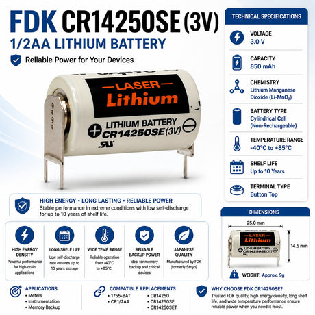 Battery Model Sanyo / Fdk Cr14250se, 1755-bat, Cr1/2aa, Cr14250, Cr14250set 3v, 850 Mah - 2.55wh Other Sanyo / FDK With PC Pins - 2 Pin on Positive Terminal - 1 Pin on Negative Terminal