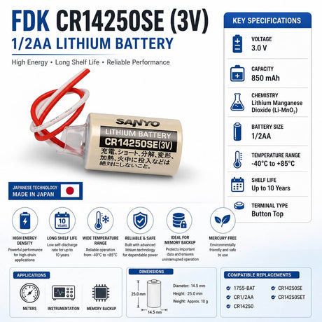 Battery Model Sanyo / Fdk Cr14250se, 1755-bat, Cr1/2aa, Cr14250, Cr14250set 3v, 850 Mah - 2.55wh Other Sanyo / FDK With 6 Inch Fly Leads