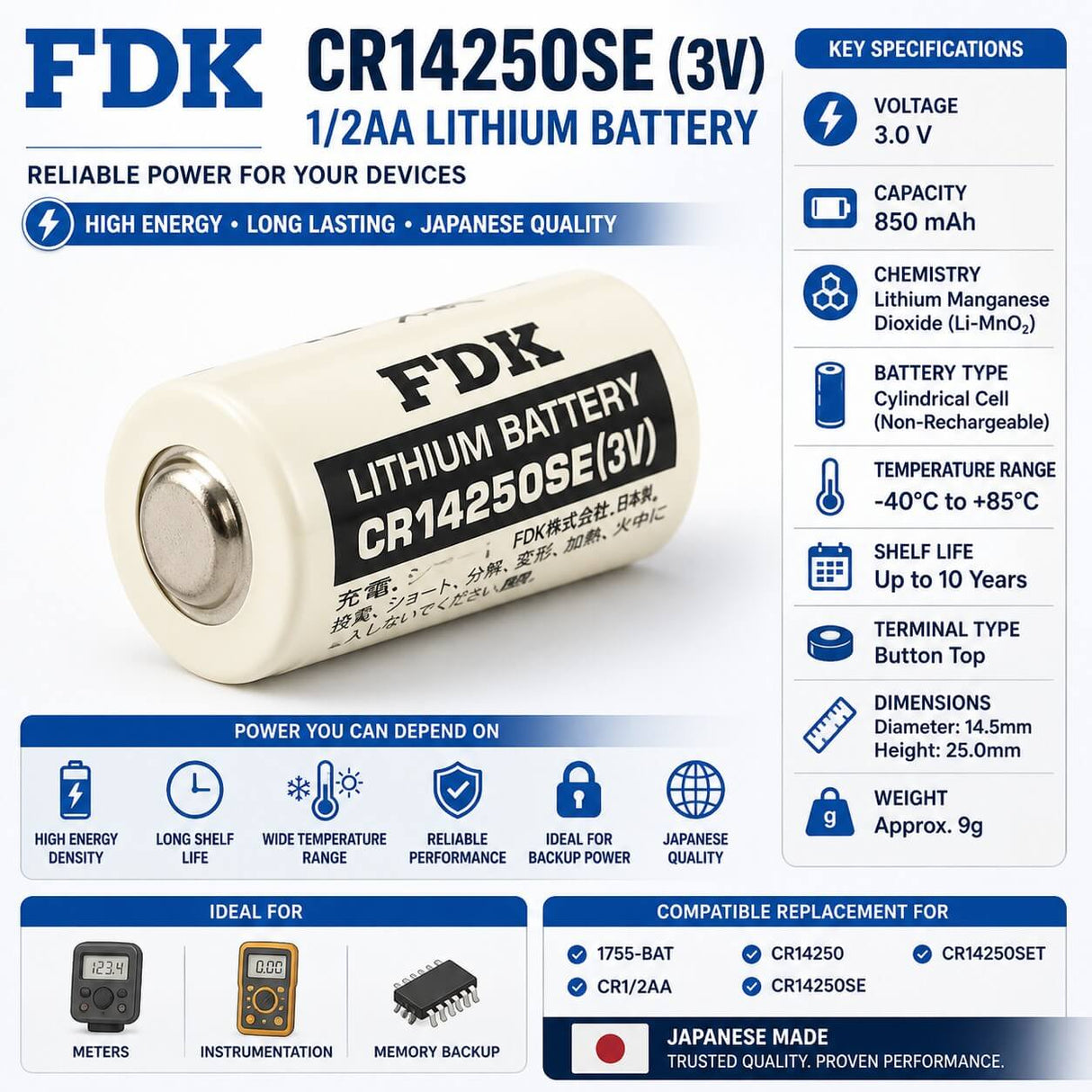 Battery Model Sanyo / Fdk Cr14250se, 1755-bat, Cr1/2aa, Cr14250, Cr14250set 3v, 850 Mah - 2.55wh Other Sanyo / FDK Bare Cell