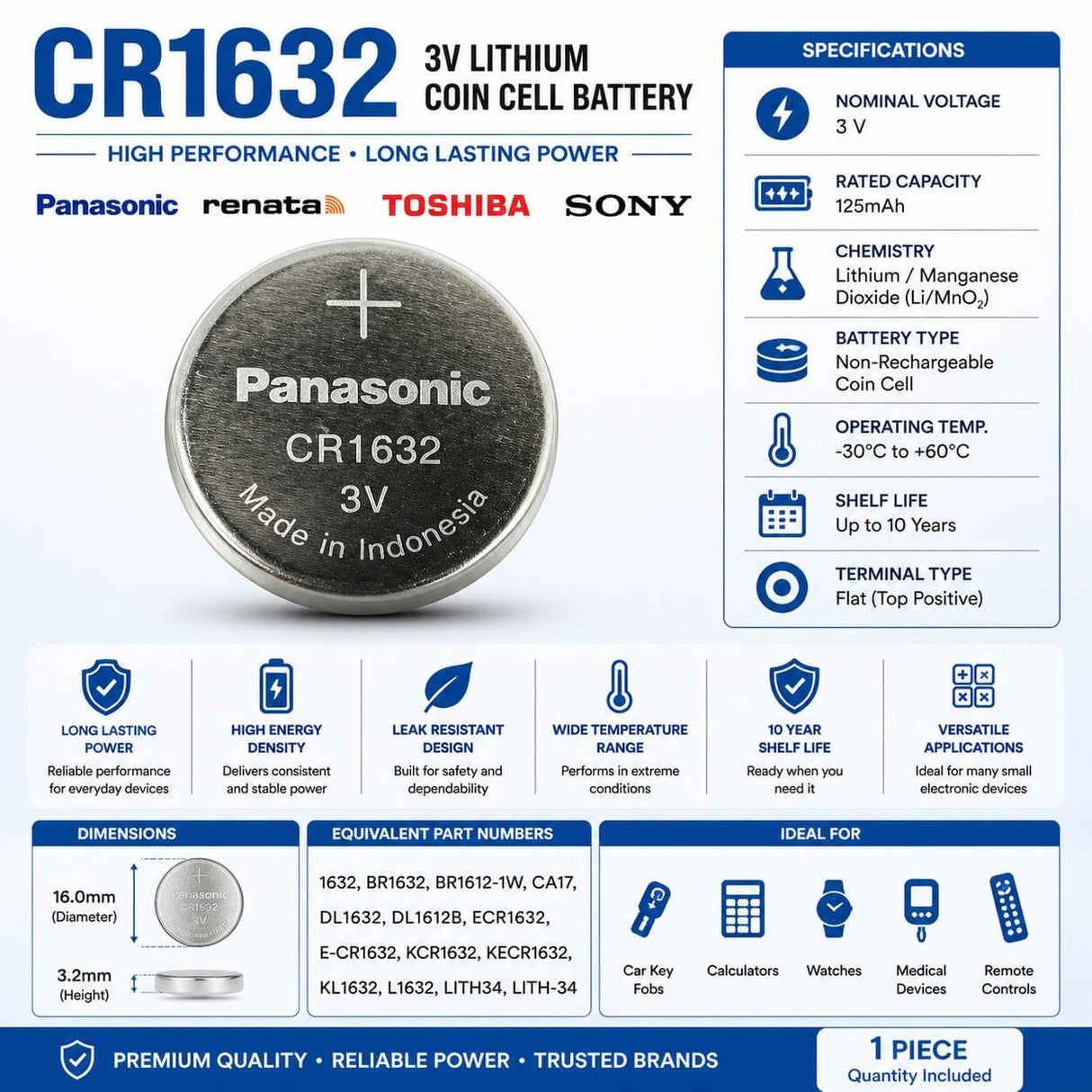 Cr1632 3 Volt Lithium Battery Replacement Coin Cell Batteries Panasonic