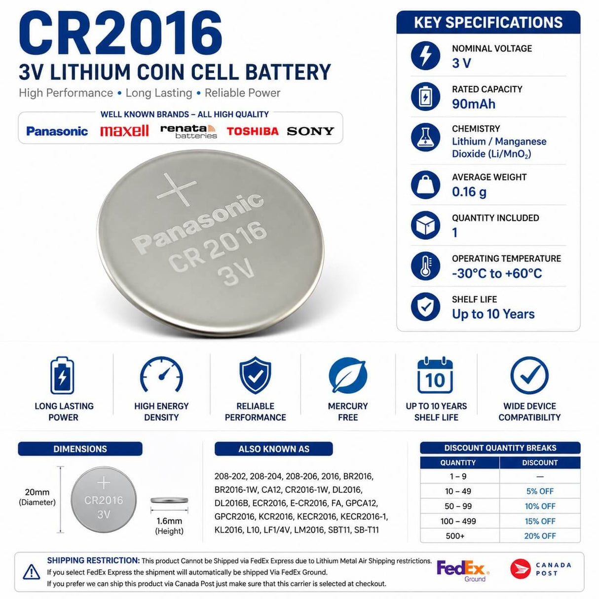 Cr2016 3 Volt Lithium Battery Replacement Coin Cell Batteries Panasonic