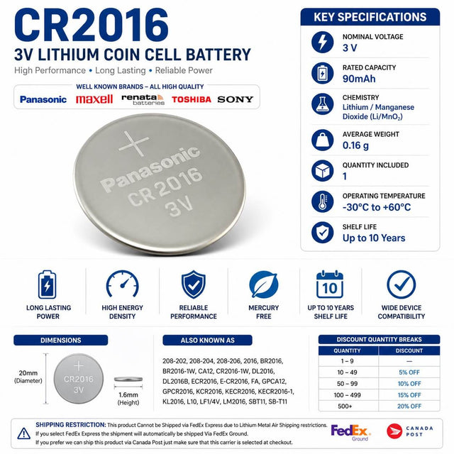 Cr2016 3 Volt Lithium Battery Replacement Coin Cell Batteries Panasonic