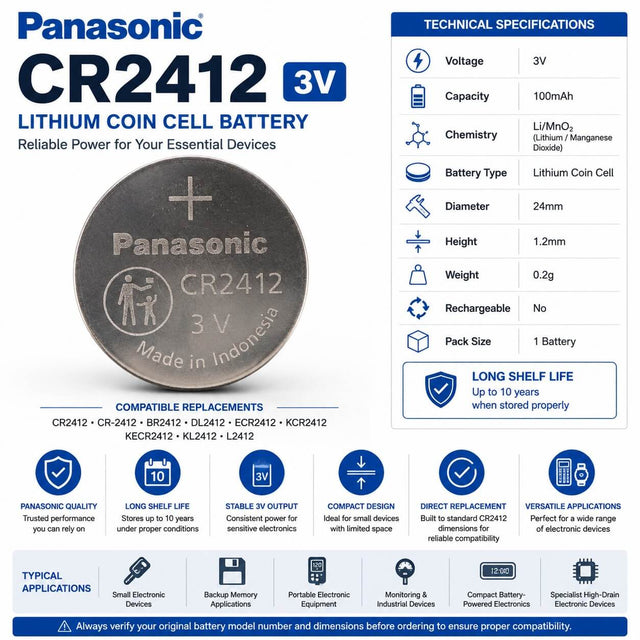 Panasonic CR2412 Battery 3V Lithium Coin Cell Replacement Coin Cell Batteries Panasonic