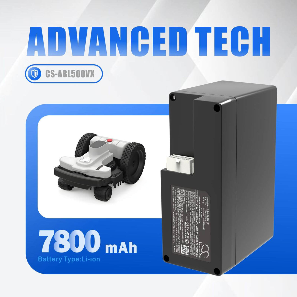 25.9V, Li-ion, 7800mAh, Lawn Mowers battery fits Ambrogio, 101-806, 4.0 Basic 4WD Premium, 4.0 Elite 4WD Premium, 202.02Wh Lawn Mowers Cameron Sino Technology Limited