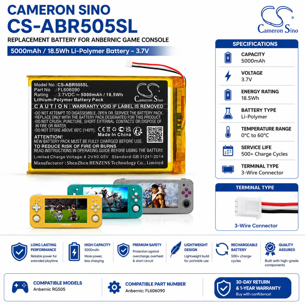 Cameron Sino CS-ABR505SL Battery for Anbernic RG505 – 5000mAh Li-Polymer Game Console Cameron Sino Technology Limited