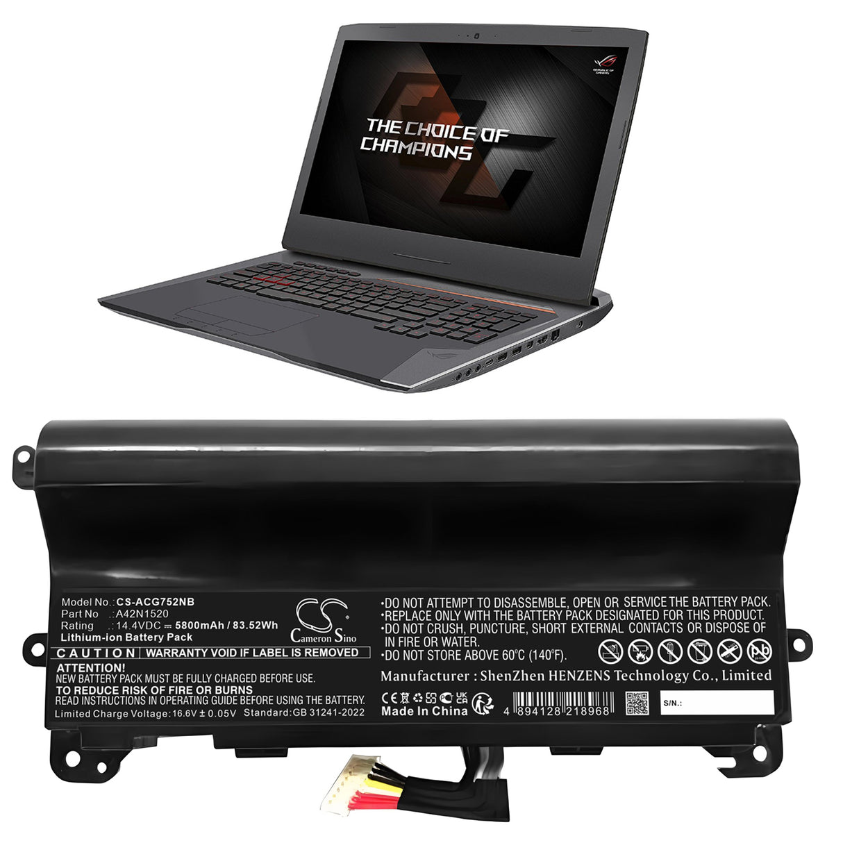 14.4V, Li-ion, 5800mAh, Notebook, Laptop battery fits Acer, 0b110-00380000, G752vs, G752vs-ba184t, 83.52Wh Notebook, Laptop Cameron Sino Technology Limited