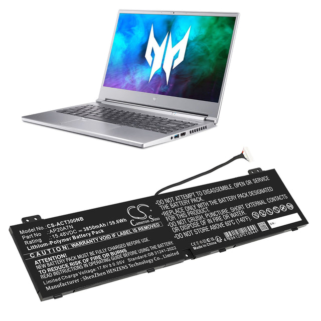 15.48V, Li-Polymer, 3850mAh, Notebook, Laptop battery fits Acer, Ap20a7n, Predator Triton 300 Se Pt314-5, 59.6Wh Notebook, Laptop Cameron Sino Technology Limited