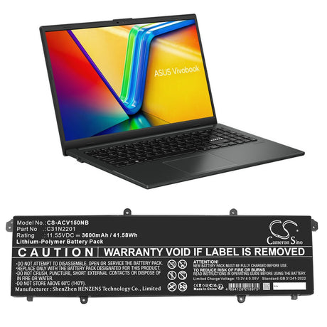 11.55V, Li-Polymer, 3600mAh, Notebook, Laptop battery fits Asus, 0b200-04260000, E1504fa-bq038w, E1504fa-bq090, 41.58Wh Notebook, Laptop Cameron Sino Technology Limited