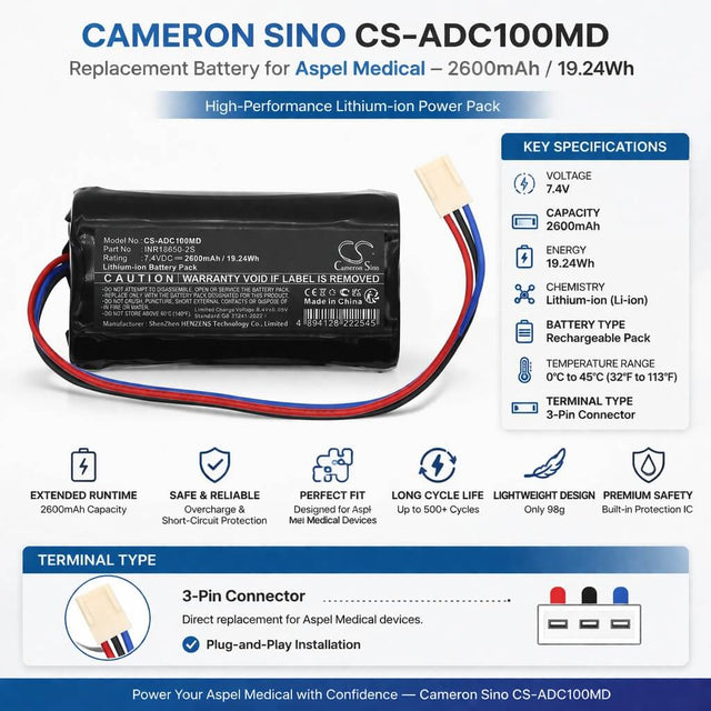 7.4V, Li-ion, 2600mAh, Medical battery fits Aspel, INR18650-2S, AsCard, M-Trace electrocardiographs, 19.24Wh Medical Cameron Sino Technology Limited