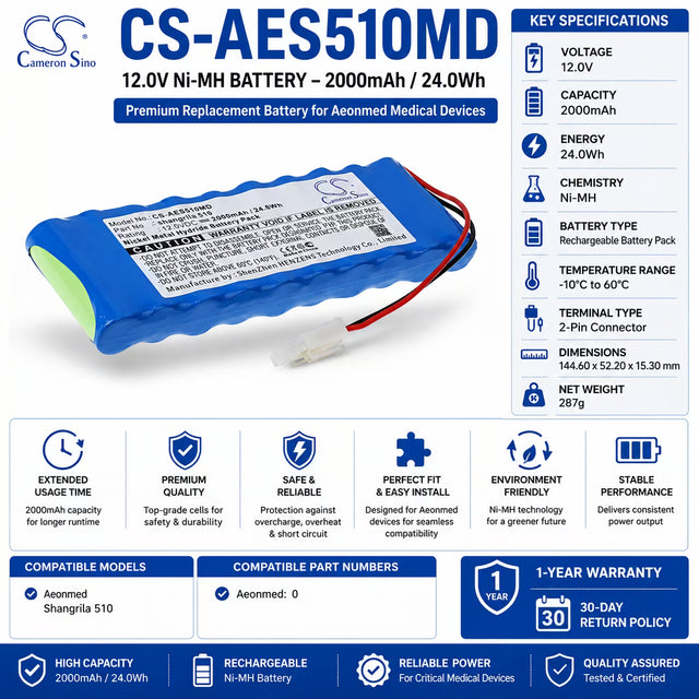 Cameron Sino CS-AES510MD Battery for Aeonmed Shangrila 510 – 12V 2000mAh Ni-MH Medical Cameron Sino Technology Limited (Medical)