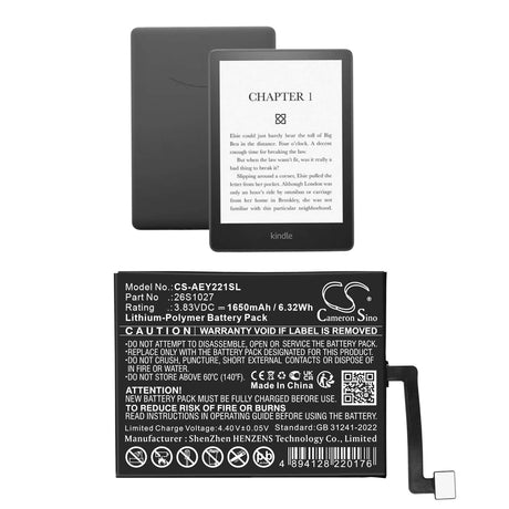 3.83V, Li-Polymer, 1650mAh, E-book, E-reader battery fits Amazon, 26S1027, Kindle Paperwhite 11th, Kindle Paperwhite 2021, 6.32Wh E-book, E-reader Cameron Sino Technology Limited
