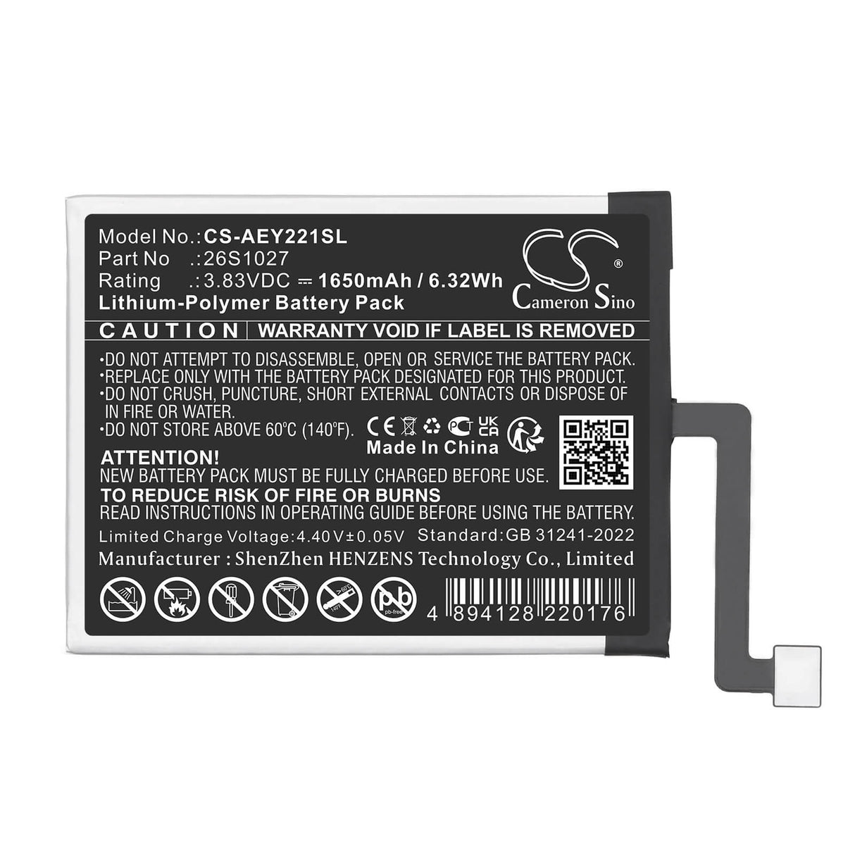 3.83V, Li-Polymer, 1650mAh, E-book, E-reader battery fits Amazon, 26S1027, Kindle Paperwhite 11th, Kindle Paperwhite 2021, 6.32Wh E-book, E-reader Cameron Sino Technology Limited