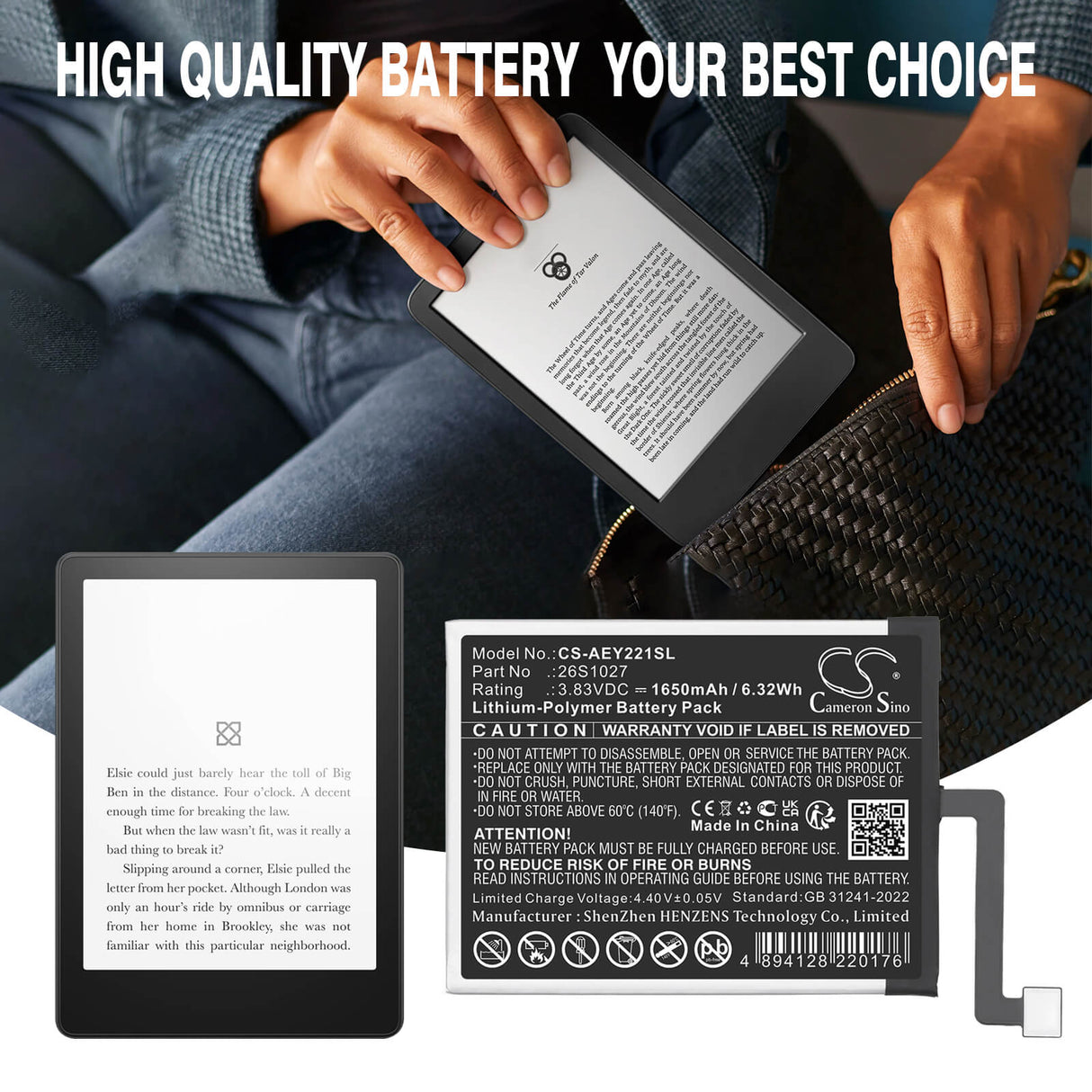 3.83V, Li-Polymer, 1650mAh, E-book, E-reader battery fits Amazon, 26S1027, Kindle Paperwhite 11th, Kindle Paperwhite 2021, 6.32Wh E-book, E-reader Cameron Sino Technology Limited