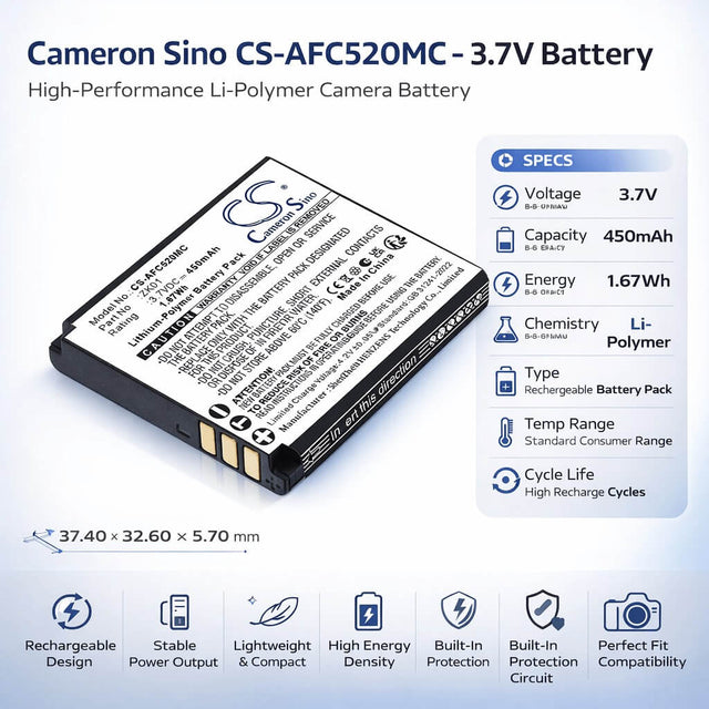 3.7V, Li-Polymer, 450mAh, Camera battery fits AgfaPhoto, ZK01, Realishot DC5200, 1.67Wh Camera Cameron Sino Technology Limited