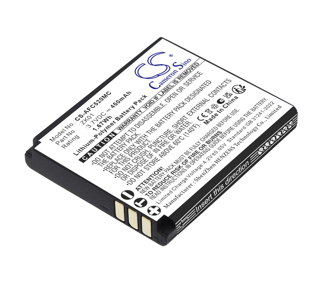 3.7V, Li-Polymer, 450mAh, Camera battery fits AgfaPhoto, ZK01, Realishot DC5200, 1.67Wh Camera Cameron Sino Technology Limited